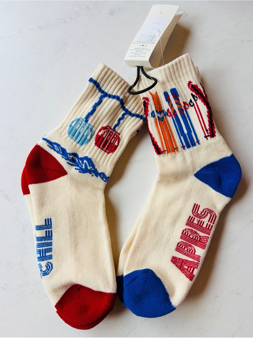 Anthropologie Cream Crew Socks with Red & Blue Accents